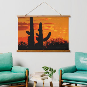 Arizona Saguaro Cacti met heldere Oranje zonsonder Hangend Wandkleed