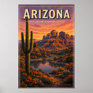 Arizona Woestijn Cactus Berg Zonsondergang Uitzich Poster