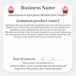 Arkansas Cottage Law/Food Freedom Act 2021 w/ID# Vierkante Sticker