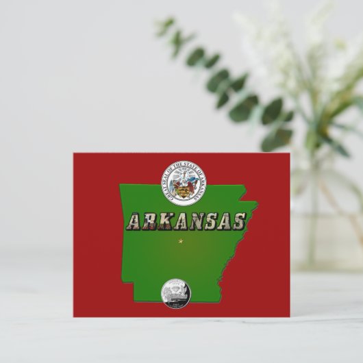 Arkansas Map, Seal and State Faux Quarter Briefkaart (Staand voorkant)