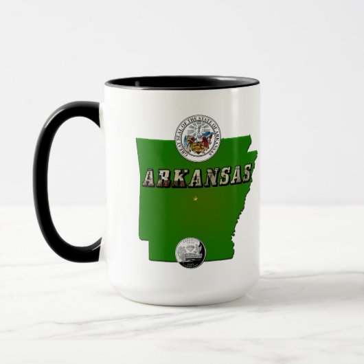 Arkansas Map, Seal and State Faux Quarter Mok (Links)