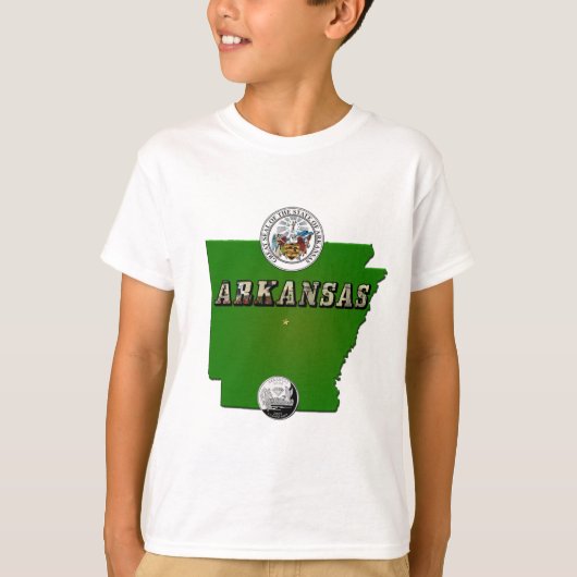 Arkansas Map, Seal and State Faux Quarter T-shirt (Voorkant)
