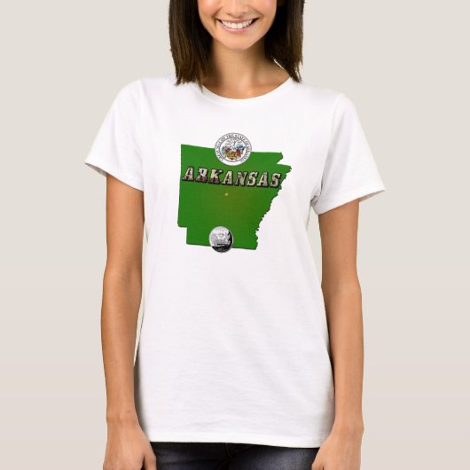Arkansas Map, Seal and State Faux Quarter T-shirt (Voorkant)