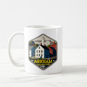 Arkham Miskatonic Rivier Stad Vintage Reis Badge Koffiemok