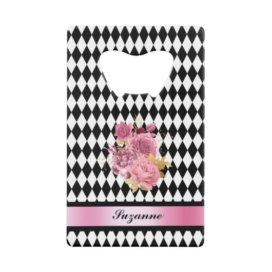 Arlequin noir blanc avec fleur rose et nom (Devant)