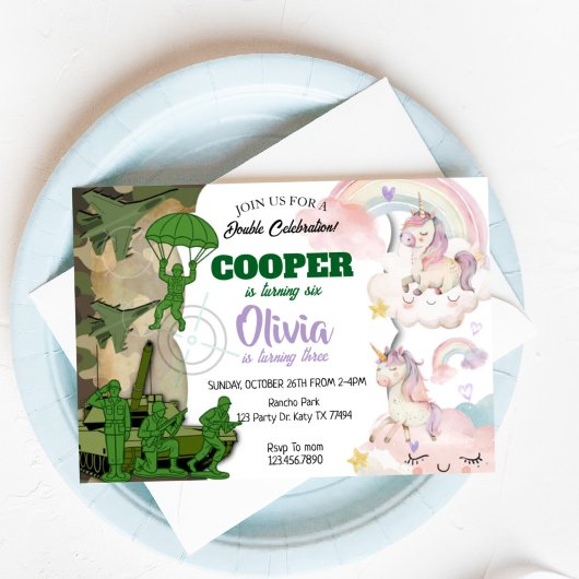 Army and Unicorn Birthday Invitation | Boy & Girl Kaart