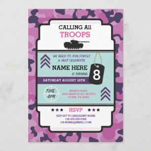 ARMY GIRL SOLDIER TROOP TANK INVITE BIRTHDAY PARTY KAART