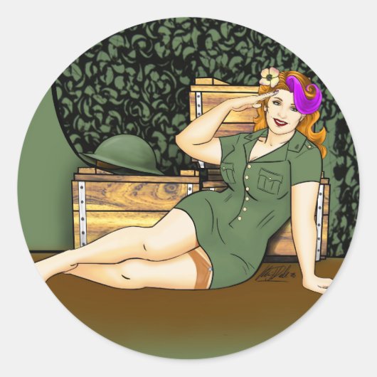 Army Pin-Up Ronde Sticker (Voorkant)