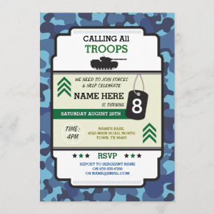 ARMY SOLDIER TROOPS TANK PISTOOL INVITE BIRTHDAPPA KAART