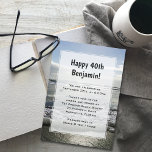 Arrière - plan De Plage Son Invitation De Fête Ann<br><div class="desc">Invitation à la fête d'anniversaire sur la plage pour un homme. Customisez le texte à deux endroits sur une image arrière - plan de plage au lever du soleil en bleu et gris. La mousse de mer sur le sable et les vagues au loin est l'arrière - plan de l'information...</div>