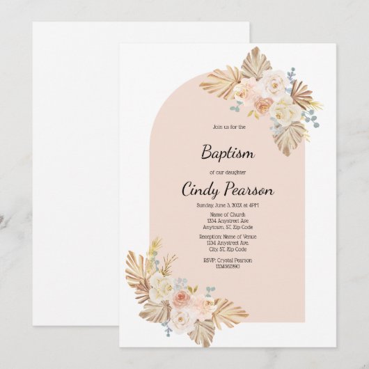 Arrière - plan rose, baptême boho invitation pour  (Devant / Derrière)