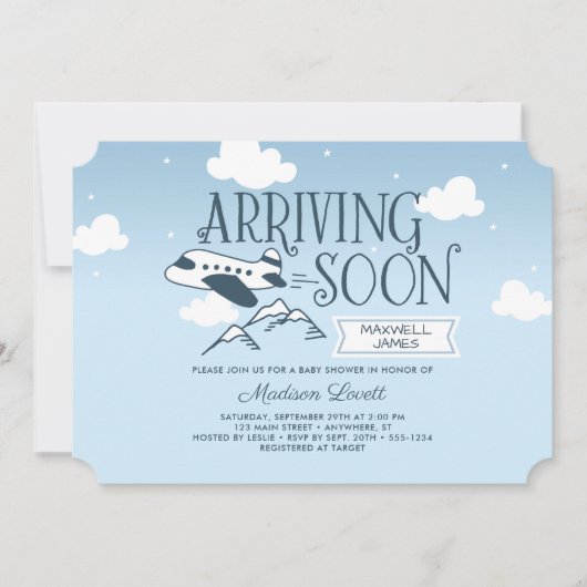 Arrivée Bientôt : Invitation Baby shower d'avion (Devant)