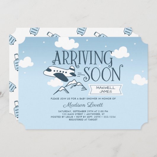 Arrivée Bientôt : Invitation Baby shower d'avion (Devant / Derrière)
