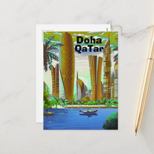 Art de carte postale de voyage de Doha, Skyline de (Devant/Arrière en situation)