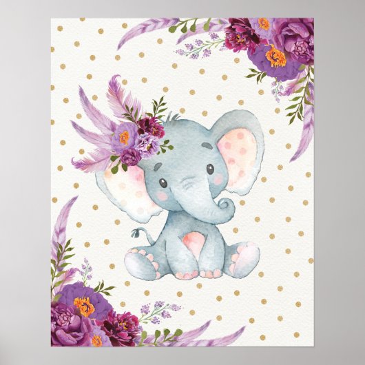 Art de nurserie éléphant floral violet signe déco (Devant)
