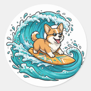 Art de stickers de corgi surfant sur une vague de