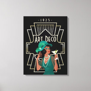 Art Deco 1920s Lady Green Dress Gold Lijst Black Canvas Afdruk