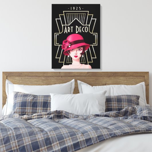 Art Deco 1920s Lady Pet Gold Lijst Black Canvas Afdruk (Insitu (Slaapkamer))