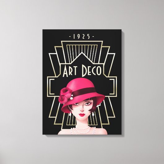 Art Deco 1920s Lady Pet Gold Lijst Black Canvas Afdruk (Voorkant)