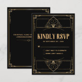 Art Déco 20s Elégante Black Gold Wedding Carte RSV (Devant / Derrière)