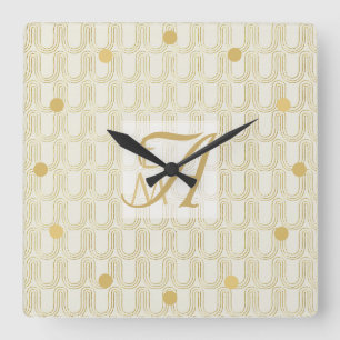Art Deco 3 Letter Monogram Gold Cream Pattern Squ Vierkante Klok