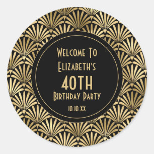 Art Deco 40ste Verjaardagsfeest Zwart Gouden Fa Ronde Sticker