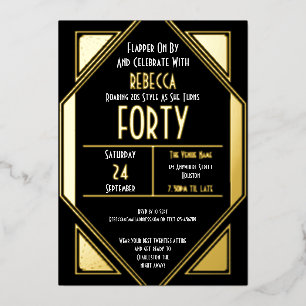 Art Deco 40th Birthday Black Gold Real Folie Uitnodiging