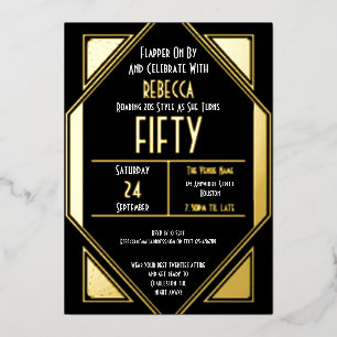 Art Deco 50e verjaardag Zwart Goud Echt Folie Uitnodiging