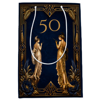 Art Deco 50ste verjaardag flappermeisjes blauw gou Medium Cadeauzakje