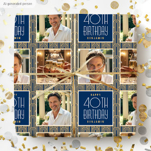 Art Deco aangepaste leeftijd foto verjaardag marin Cadeaupapier