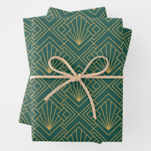 Art Deco Abstract Geometrisch Groen en Goud Inpakpapier Vel