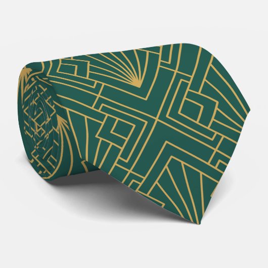 Art Deco  Abstract Geometrisch Groen en Goud Stropdas (Opgerold)