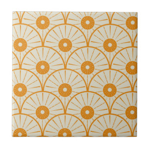 Art Deco Abstracte Oranje Zon op Wit Tegeltje