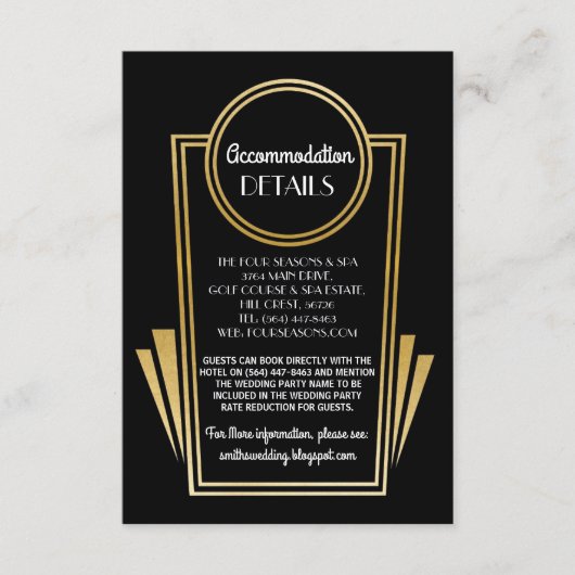 Art Deco Accommodding Wedding-kaarten Gold Black Informatiekaartje (Voorkant)