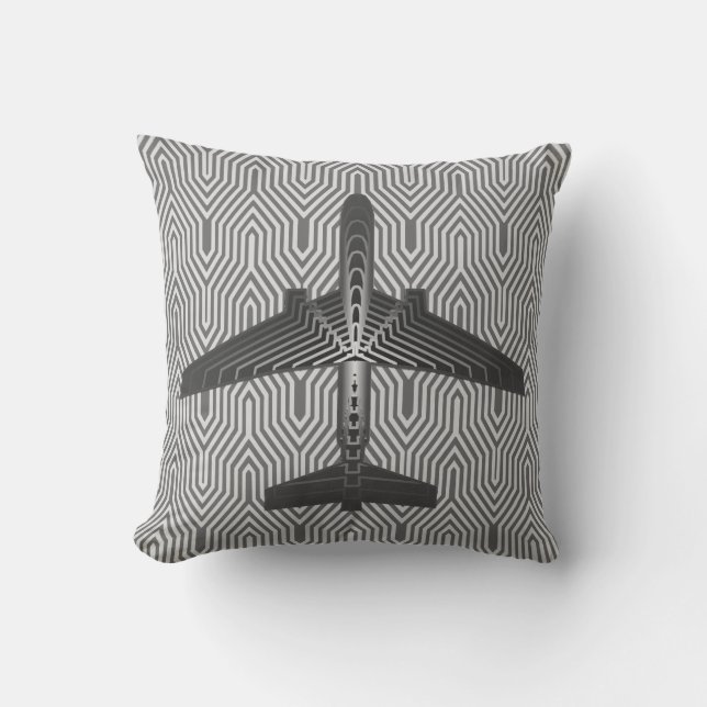 Art Deco Airplane, Graphite en Silver Grey Kussen (Voorkant)