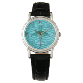 Art Deco Airplane, Turquoise, Blauwgroen en Aqua Horloge