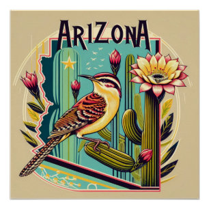 Art Deco Arizona State vogel- en bloemontwerp Perfect Poster