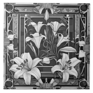 Art Deco Art Nouveau Witte Lelie Bloem Grijs Bloem Tegeltje