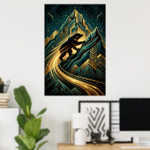 Art Deco Bear Mountain Climb Golden Path Poster (Thuiskantoor)