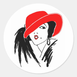 Art Deco Beauful Woman Red Pet Ronde Sticker