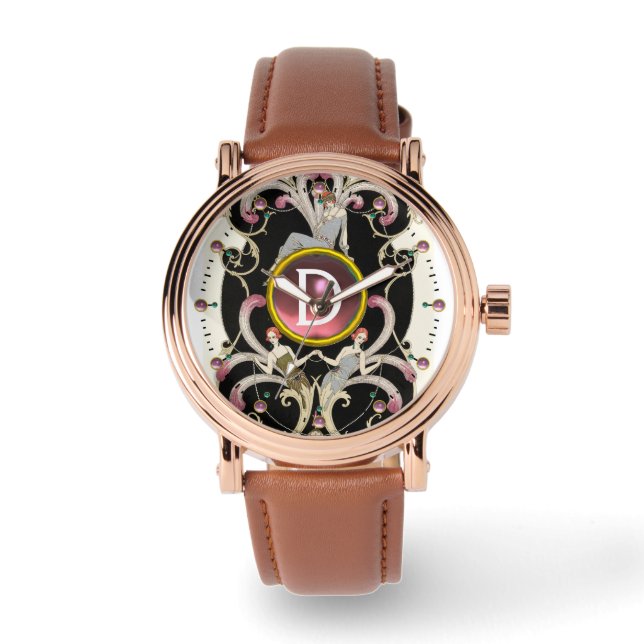 ART DECO BEAUTY MODE PINK GEMSTONE MONOGRAM HORLOGE (Voorkant)