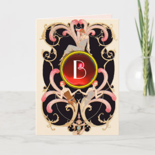 ART DECO BEAUTY MODE RED GEM MONOGRAM Birthday Kaart