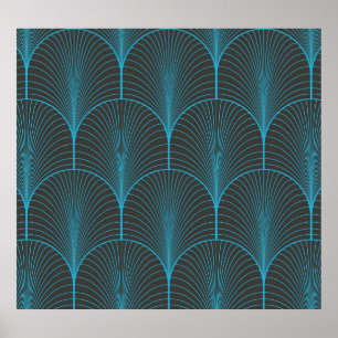 Art deco behang: zwart en blauw patroon poster