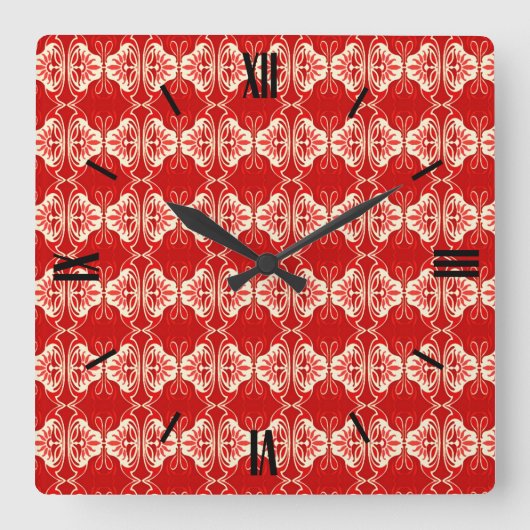 Art Deco-behangpatroon - rood en wit Vierkante Klok (Voorkant)