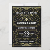 Art Deco Bewaar de datum Bruiloft Elegant Goud Zwa Magnetische Uitnodiging (Voorkant)