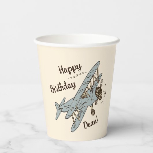 Art Deco Bi-planes - blauw Happy Birthday + naam. Papieren Bekers (Achterkant)