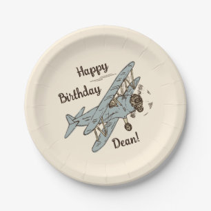 Art Deco Bi-planes - blauw Happy Birthday + naam. Papieren Bordje