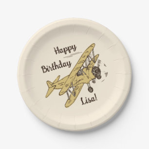 Art Deco Bi-planes - geel Happy Birthday + naam. Papieren Bordje