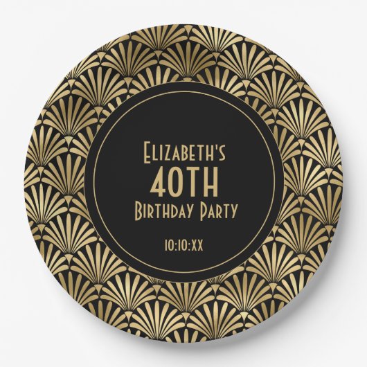 Art Deco Black en Gold 40th Birthday Party Papieren Bordje (Voorkant)
