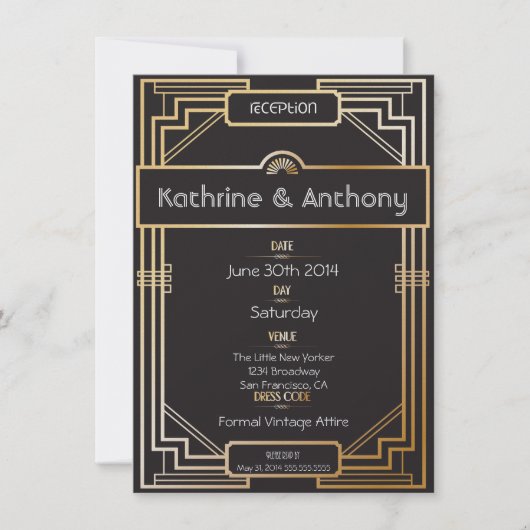 Art Deco Black en Gold Gatsby Reception Kaart (Voorkant)